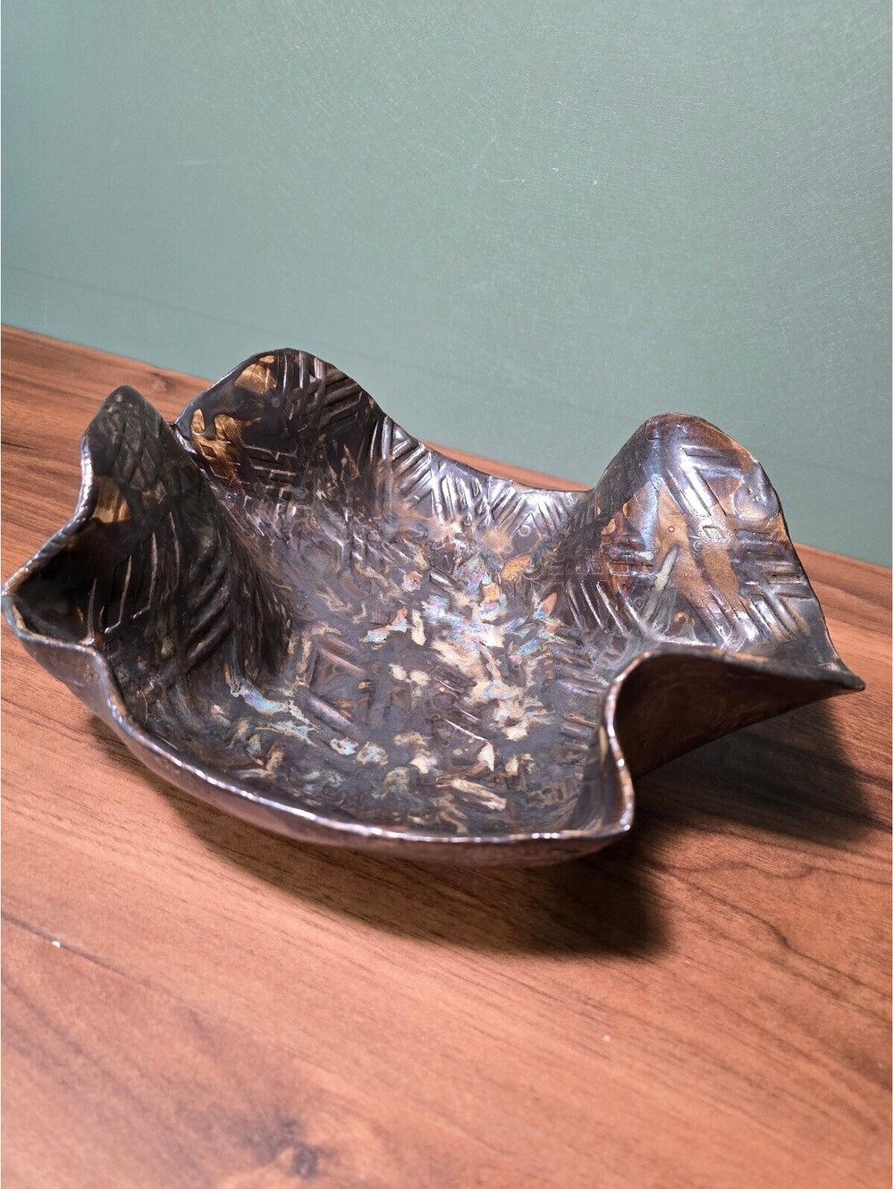 12" Brutalist Ceramic Centerpiece Bowl, Metallic Iridescent Ruffled DishDetails